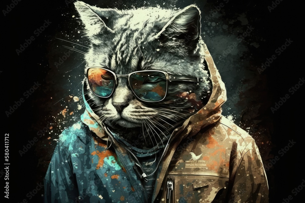 The cats got style. wearing coat, wearing sunglasses, funny, fashion, picture as wallpaper, poster,