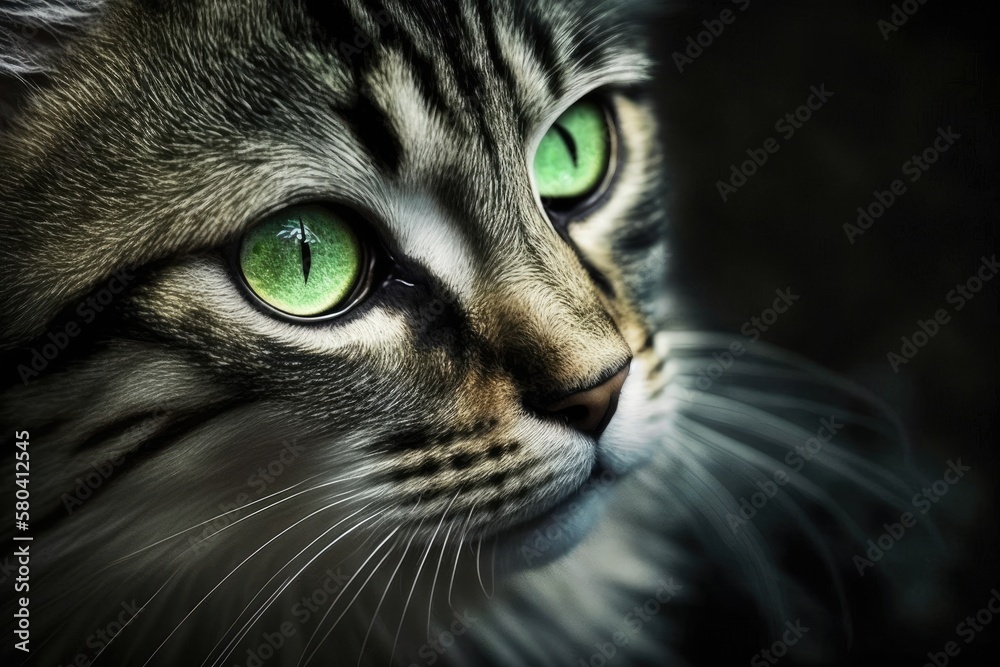 The green eyes of the shelter cat were on display as she looked up. Generative AI