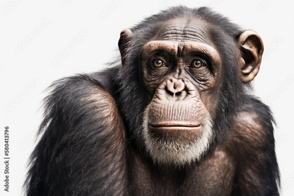 Portrait of chimpanzee on white background. Generative AI