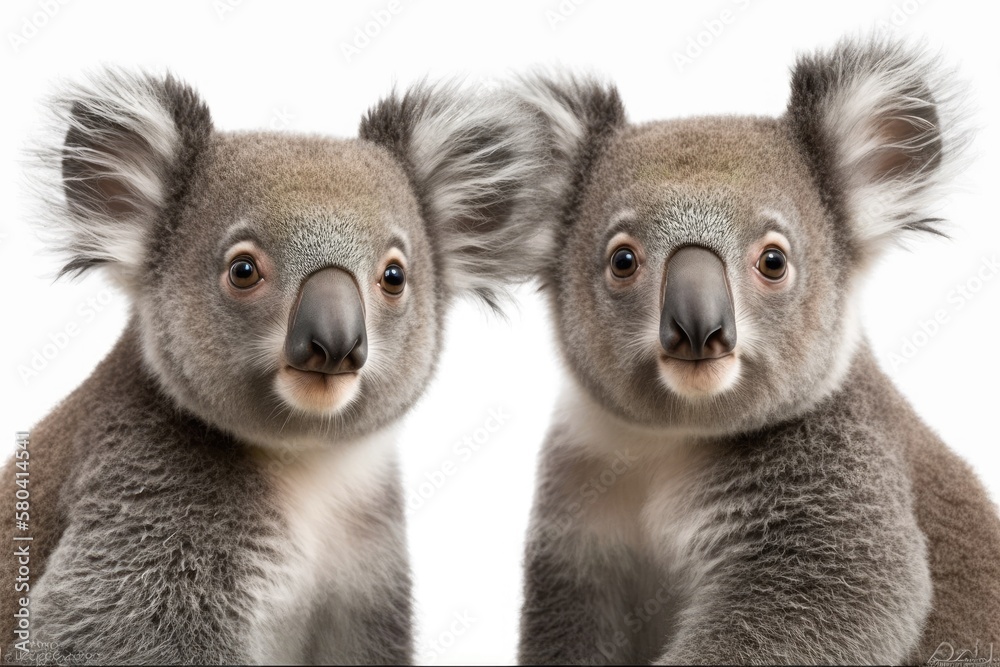 Portrait of Koala bears, Phascolarctos cinereus, 4 years old and 9 months old, in front of a white b