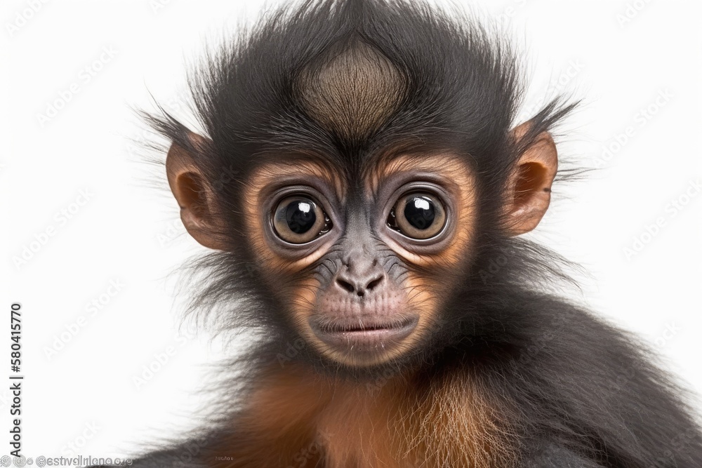 Red faced Spider Monkey, Ateles paniscus, 3 months old, in front of white background. Generative AI