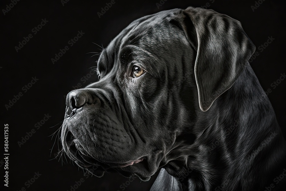 Studio picture of a black cane corso with a black background. Generative AI