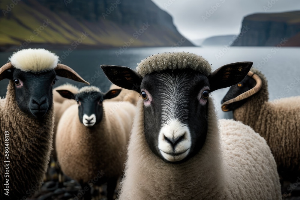 Sheep and Rams in the fields of the Faroe Islands, seen up close. Generative AI