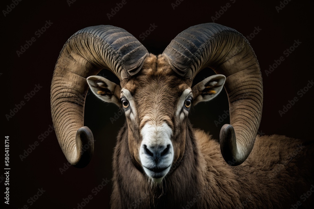 Portrait of a ram with big horns, mouflon, wild ram, mountain sheep, animal with horns, copy space. 