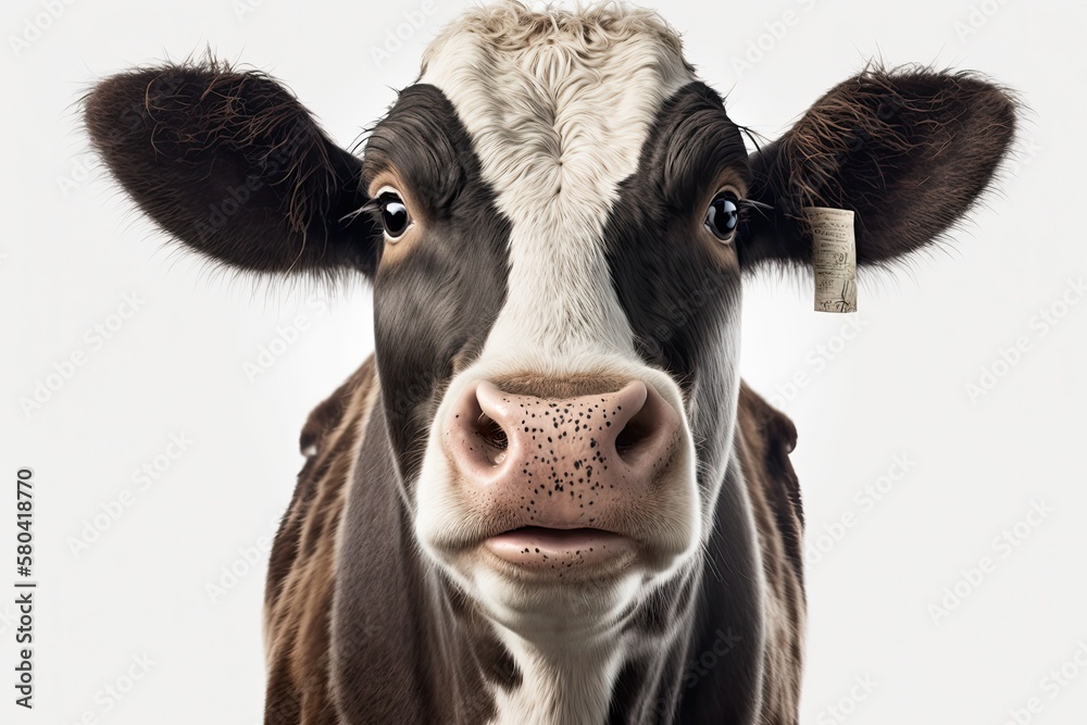 Portrait of a happy cow. On a white background, a farm animal raised for organic meat. Generative AI