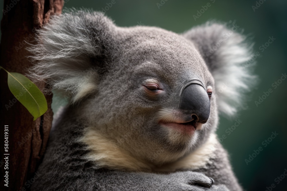 Portrait of a koala with her eyes closed and her tongue out. Generative AI