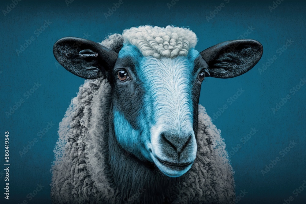 Portrait of a sheep. Ram or sheep on a blue background with an illustration of the animal. Generativ