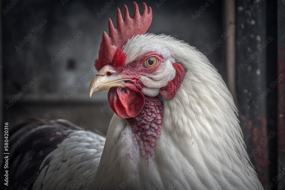 Portrait of a white hen on a gray background of a farm in the country. Close up of a chicken with a 