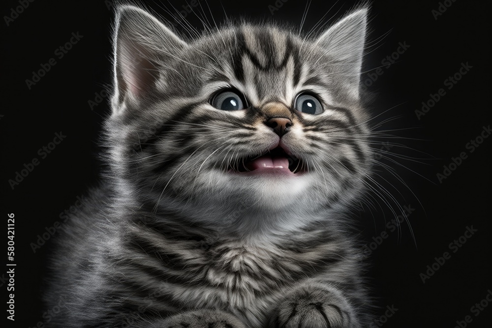 Portrait of a gray kitten with a happy face, on a black background by itself. Generative AI