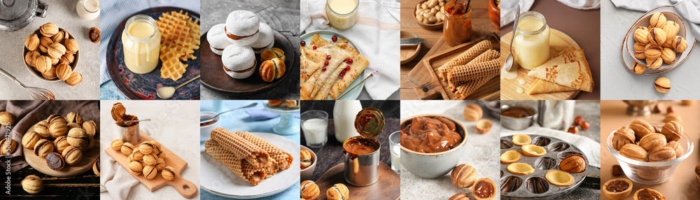 Collage of sweet condensed milk with tasty walnut shaped cookies, zefir, thin pancakes and wafer rol