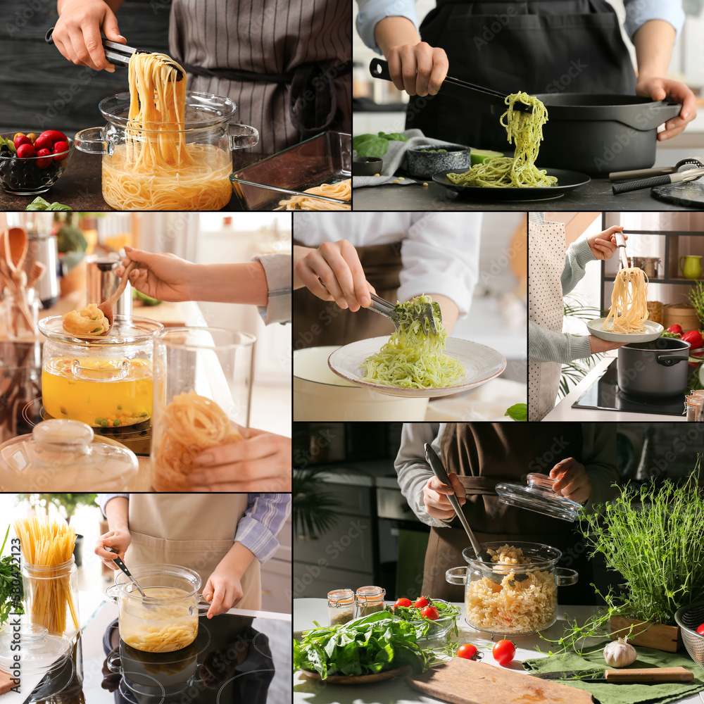 Collage of women cooking tasty pasta in pots at home