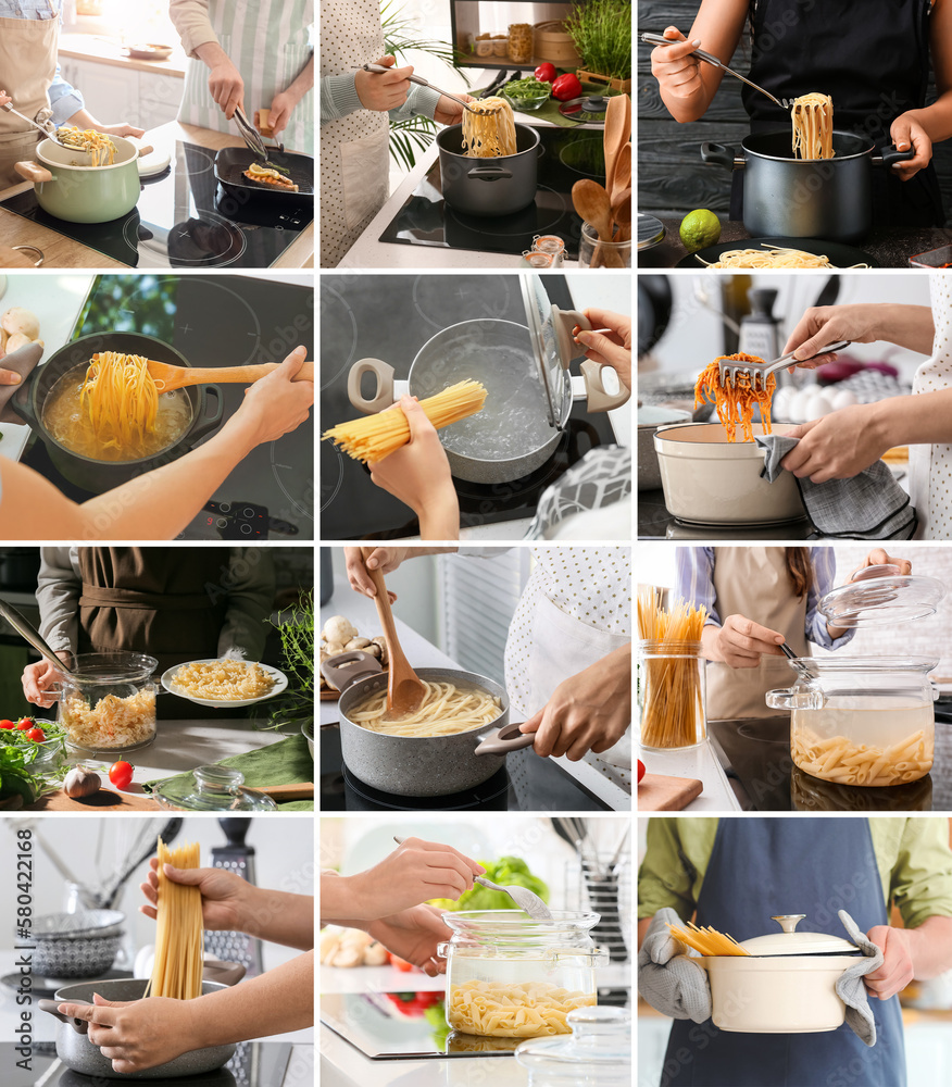 Collage of people cooking tasty pasta in pots at home