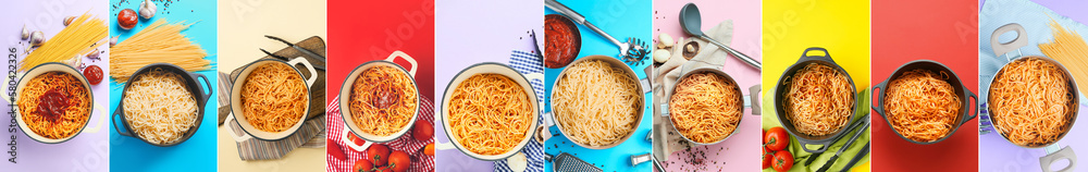 Collage of cooking pots with tasty boiled pasta on color background, top view