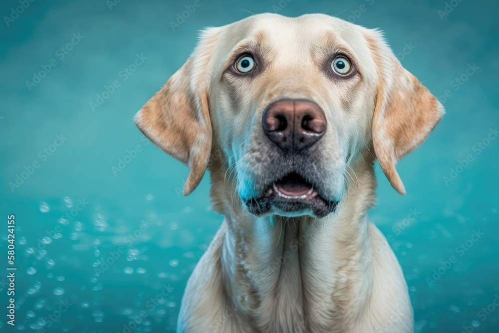 Portrait of a blonde Labrador retriever dog looking at the camera with its mouth open, seen from the