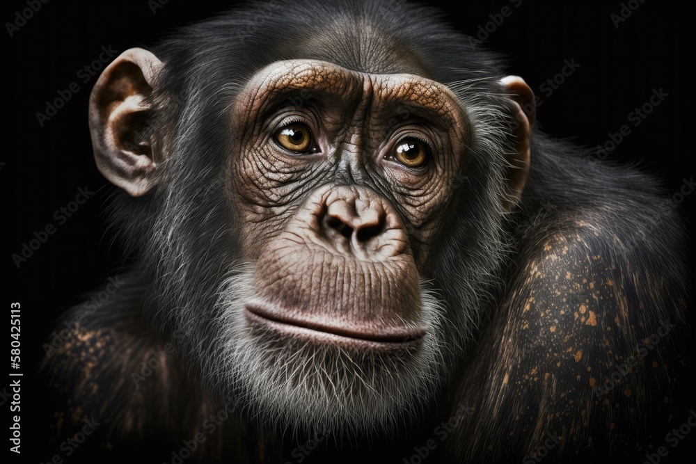 Portrait of a curious chimpanzee that looks like it wants to ask a question, with details pasted on 