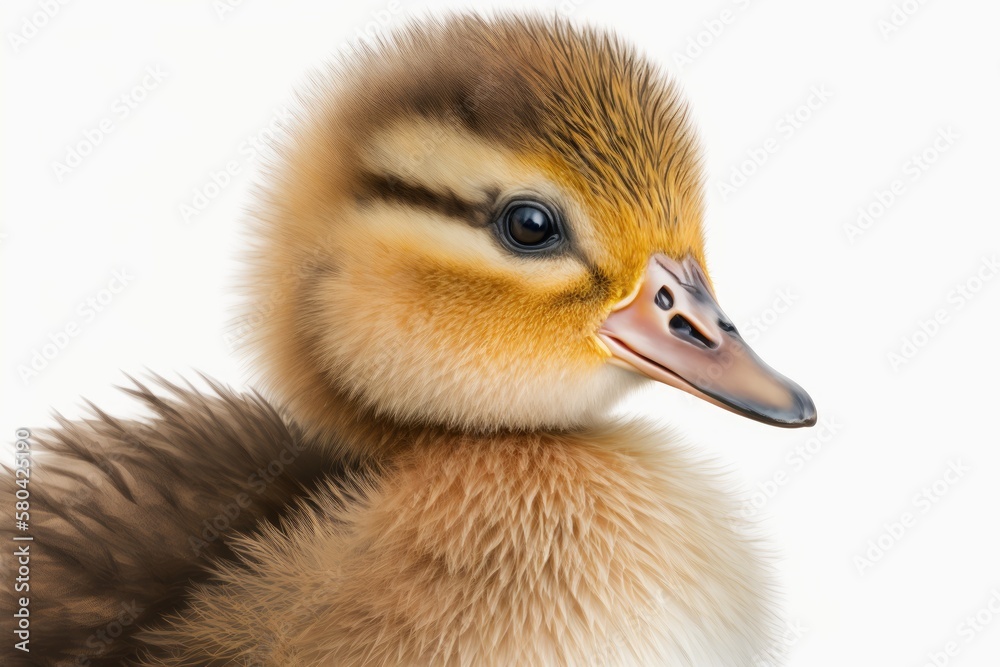 Portrait of a cute little duckling, closeup, isolated on white background. Generative AI