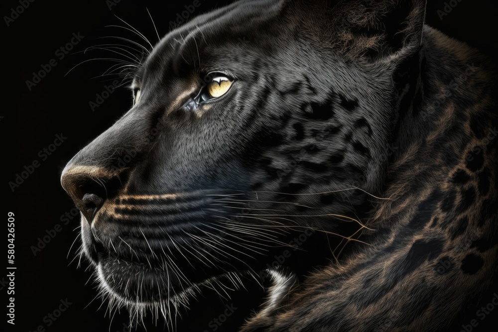 Panthers face in black on a black background. Generative AI