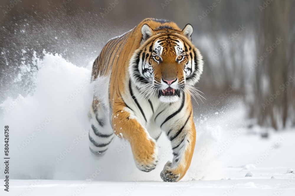 Panthera tigris altaica, a male Siberian tiger, is running straight at the camera in deep snow with 