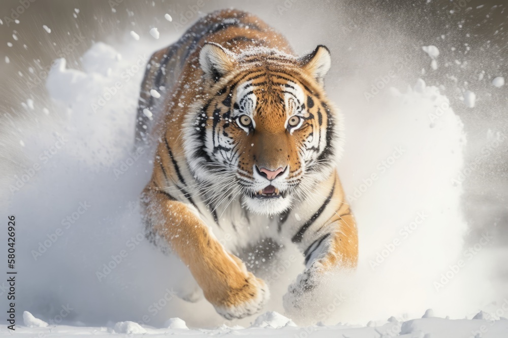 Panthera tigris altaica, a male Siberian tiger, is running straight at the camera in deep snow with 