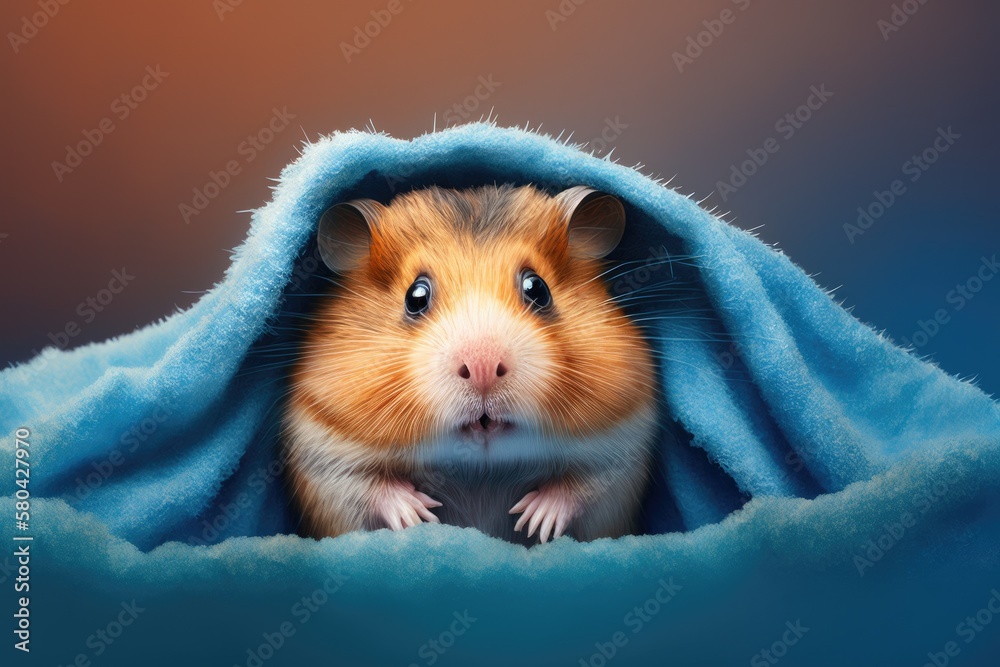 On a blue background, a cute, fluffy hamster peeks out from under a towel. Giving a hamster a bath. 