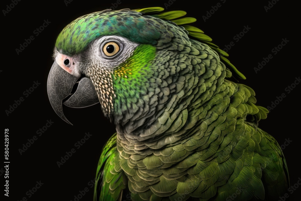 Mealy parrot portrait, Amazona farinosa. Large, bright green parrots that live in tropical lowlands 