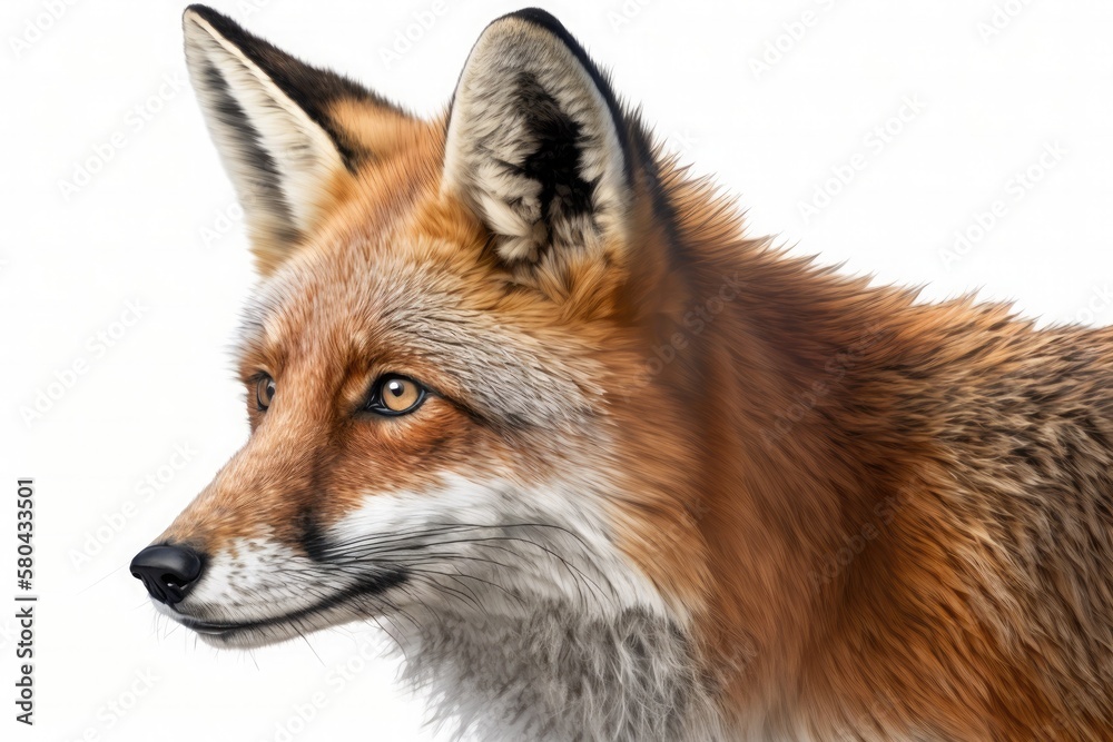 American red fox (Vulpes vulpes) close up cropped detailed portrait on a white background, side view