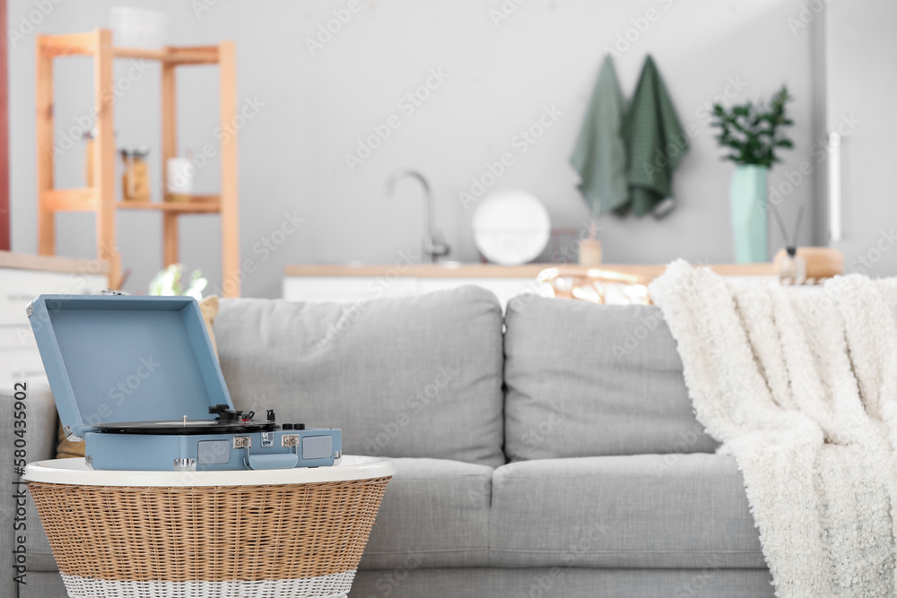 Record player on table in living room