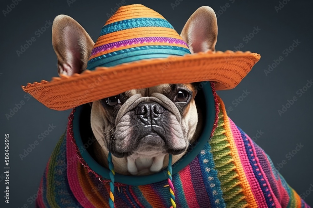 In the summer, a funny French Bulldog dog wearing sunglasses, a colorful straw hat, and a poncho gow