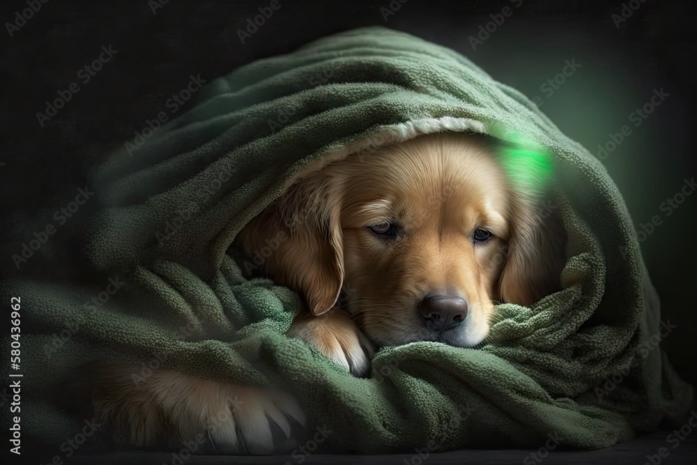 In the winter or fall, a green blanket is wrapped around a cute golden retriever dog. sickm sick or 