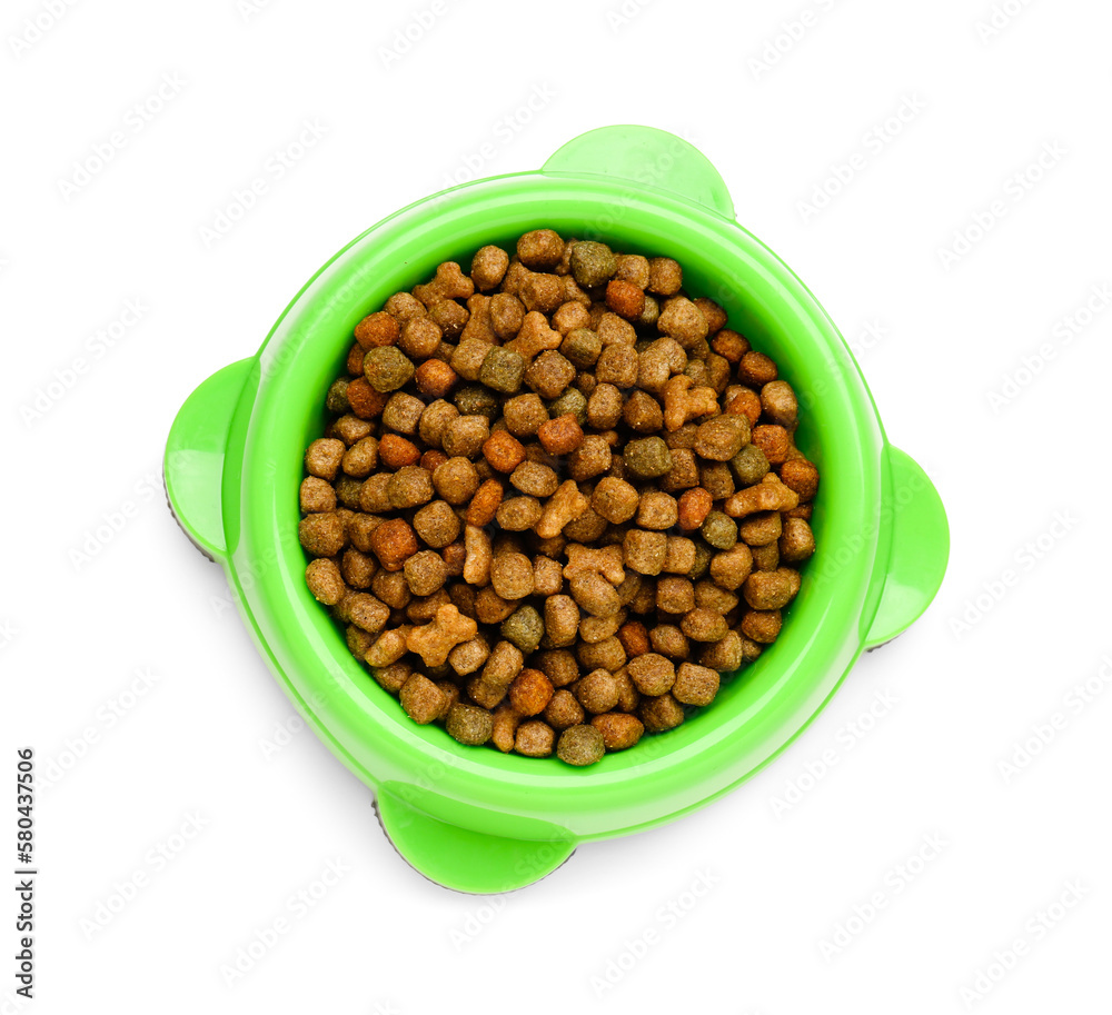 Green bowl of dry pet food on white background