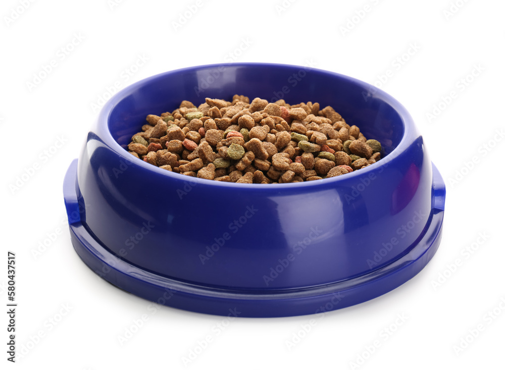 Blue bowl of dry pet food on white background, closeup