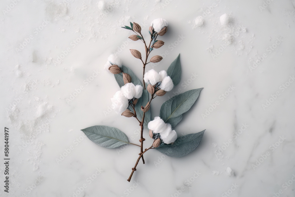 Cotton flower branch on white marble background. Illustration AI Generative