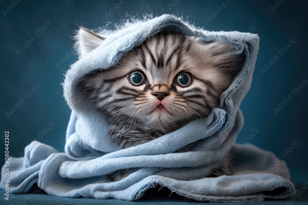 Funny wet gray tabby kitten after a bath with big blue eyes and a big smile. Idea about pets and how