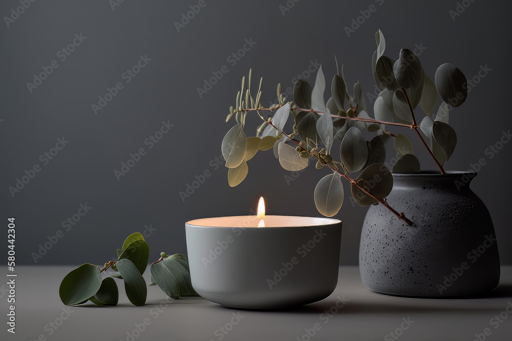 Eucalyptus leaf branch in white bowl and burning candle. Illustration AI Generative