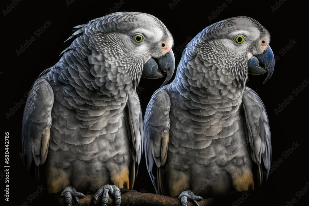 Grey parrots with their beaks shut are looking to the right. A picture of an animal in grey. Generat