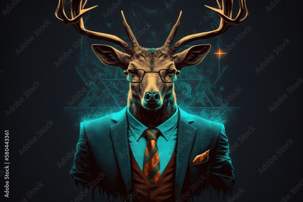 Deer with clothes on and horns that shine. A businessman wearing a suit and tie with a deer head on 