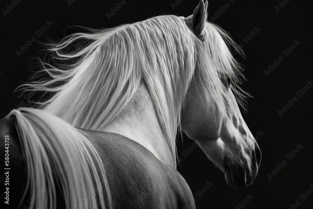 detail of the back of the head and the head of a white horse, a horse detail, a black and white phot