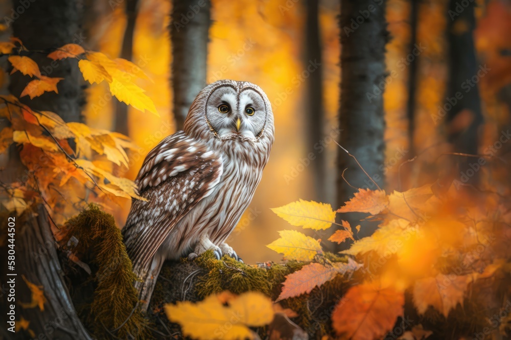 Fall in the woods with an owl. The Ural Owl, Strix uralensis, is sitting in an oak forest in Norway 