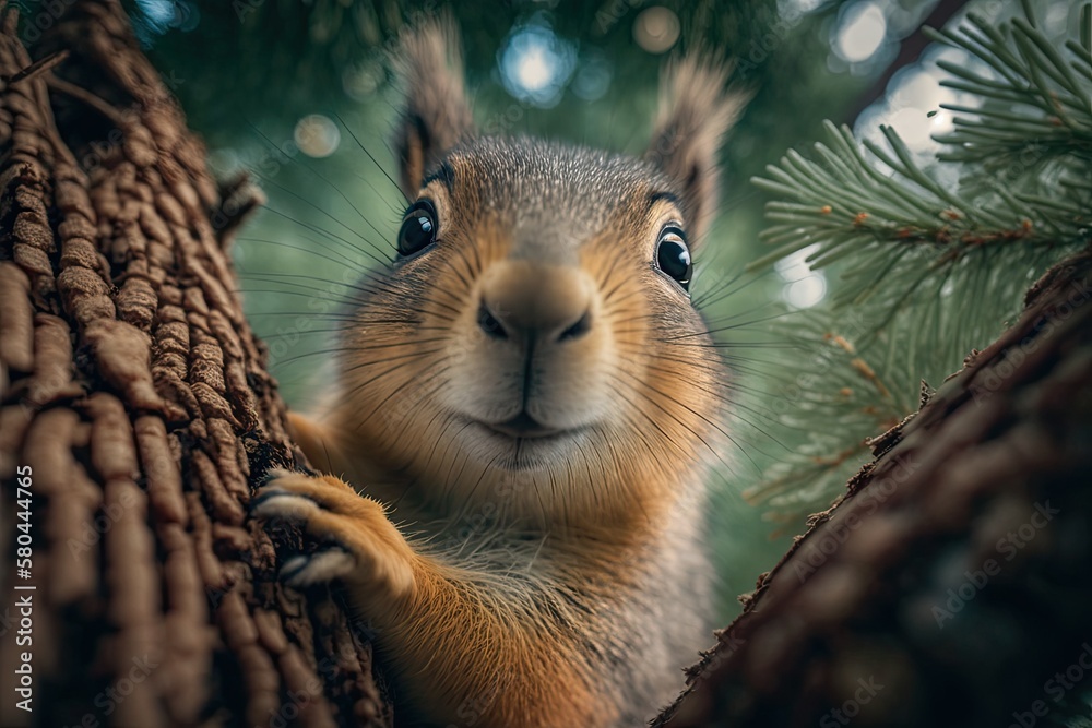 Cute, curious squirrel climbing down the trunk of a pine tree and looking at the camera with a smile