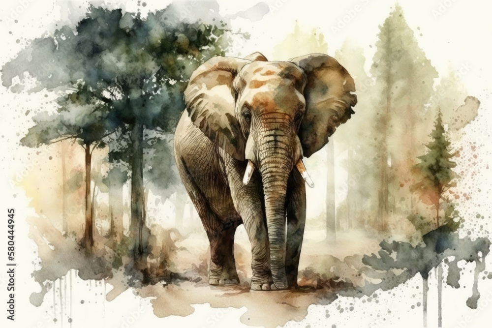 Elephant as seen in a watercolor painting. A beautiful picture of an elephant in the forest painted 