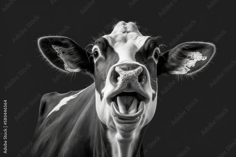 Cow portrait with its mouth open and its teeth, tongue, and gums visible on the head of a black and 