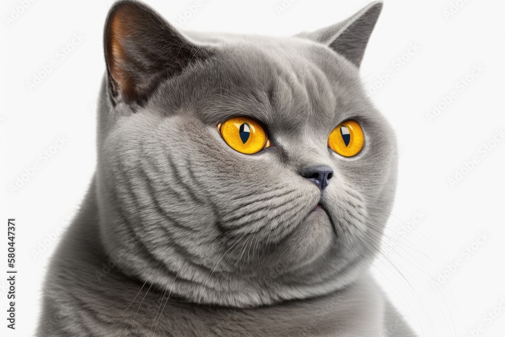 Beautiful gray or blue domestic British shorthair cat with yellow eyes on a white background. Genera