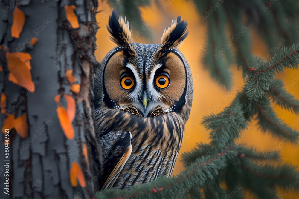 Behind the trunk of a larch tree is a portrait of a Long eared Owl with big orange eyes. This is a w