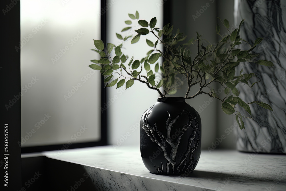 Branches green wood is placed in a black glass vase. Illustration AI Generative