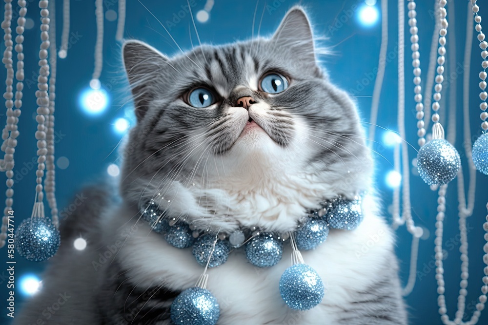 Cat is sitting in a string of shiny beads. Have a great New Year! Happy holidays! Pet care. Close up