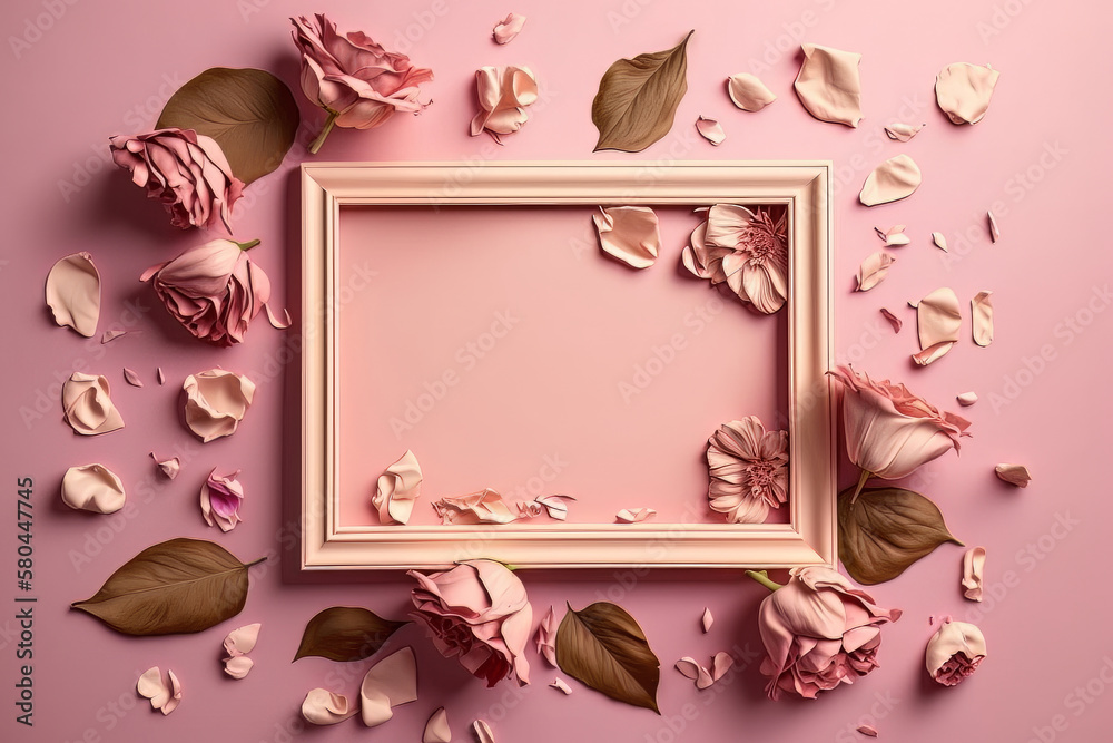 A floral frame with rose flowers and petals on a pink background. Illustration AI Generative