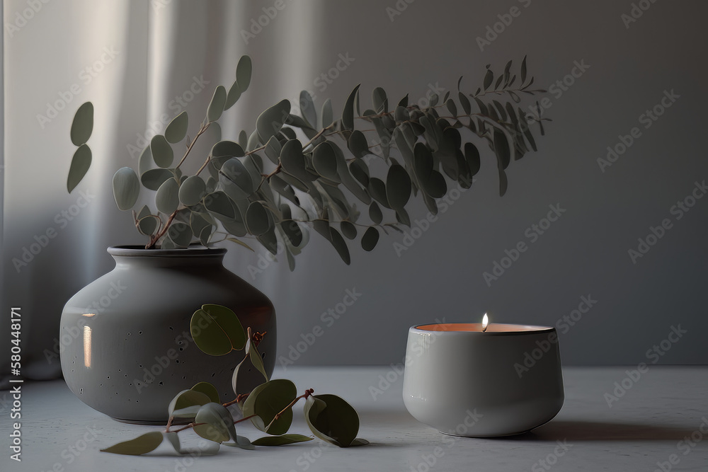 Eucalyptus leaf branch in white bowl and burning candle. Illustration AI Generative