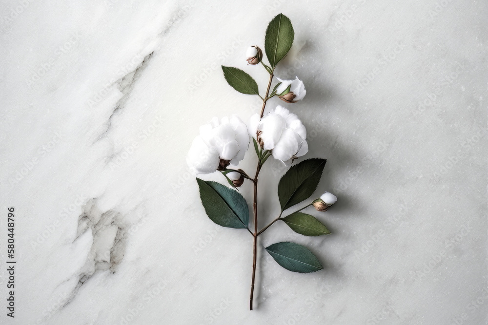 Cotton flower branch on white marble background. Illustration AI Generative