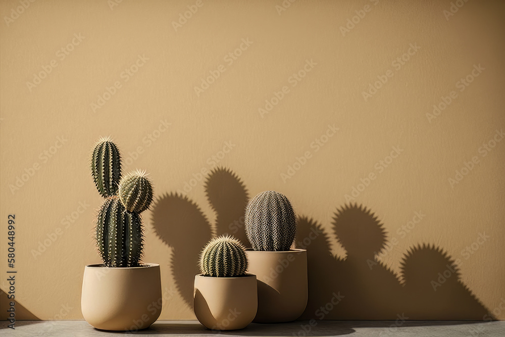 small cacti with a beige wall minimalist background. Illustration AI Generative