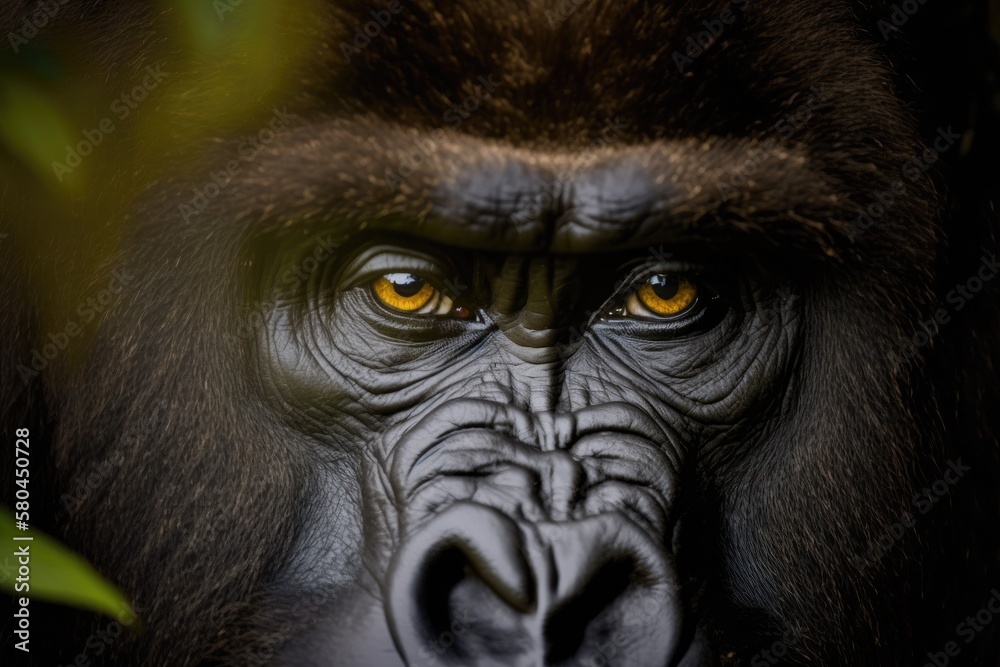 Congo mountain gorilla. Gorilla portrait of a wild animal in a forest. Detail of a portrait of the h